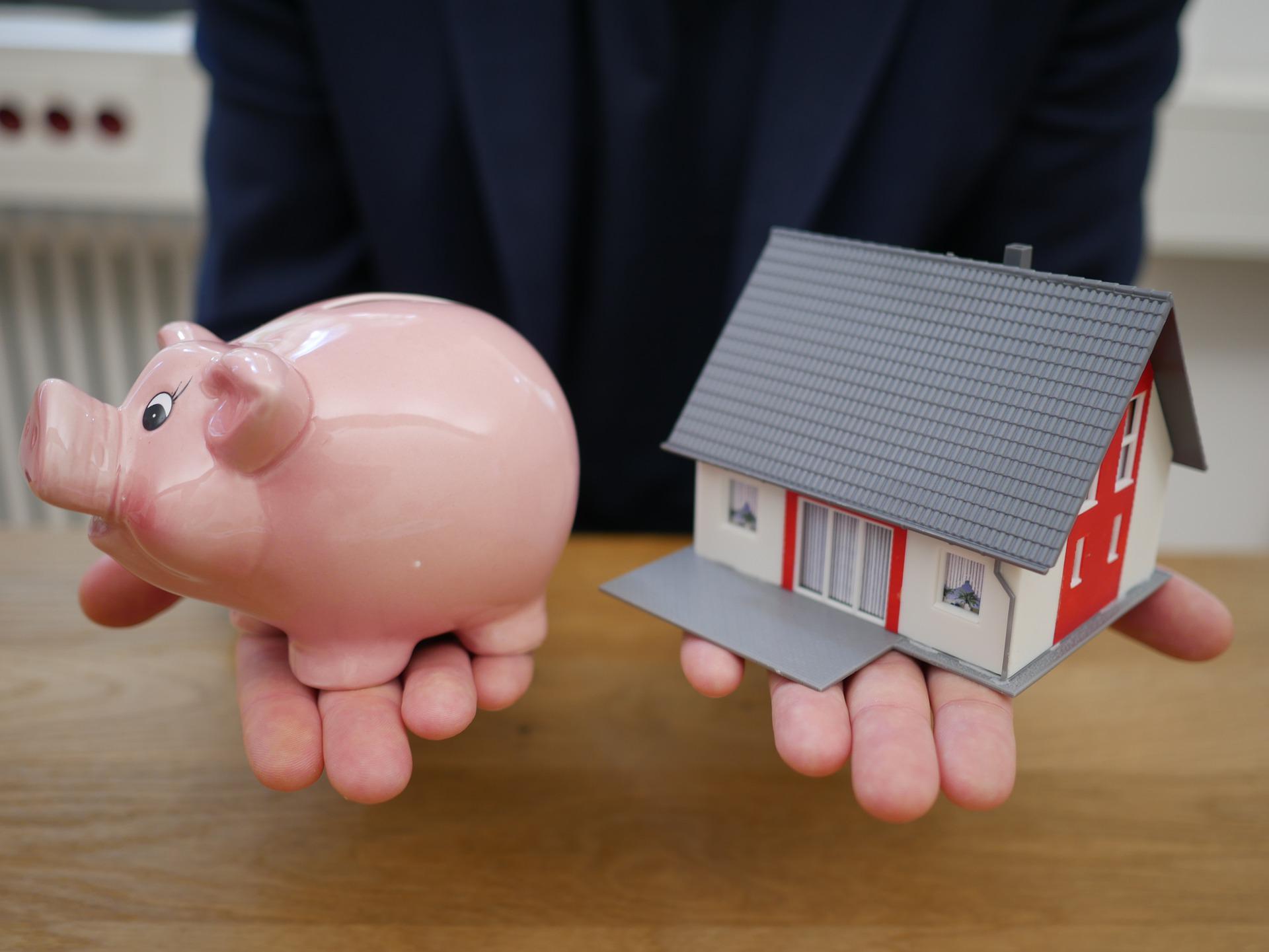 Coins in increasingly higher stacks and a money jar with plants growing on top of coins and a mans hand with watering can.